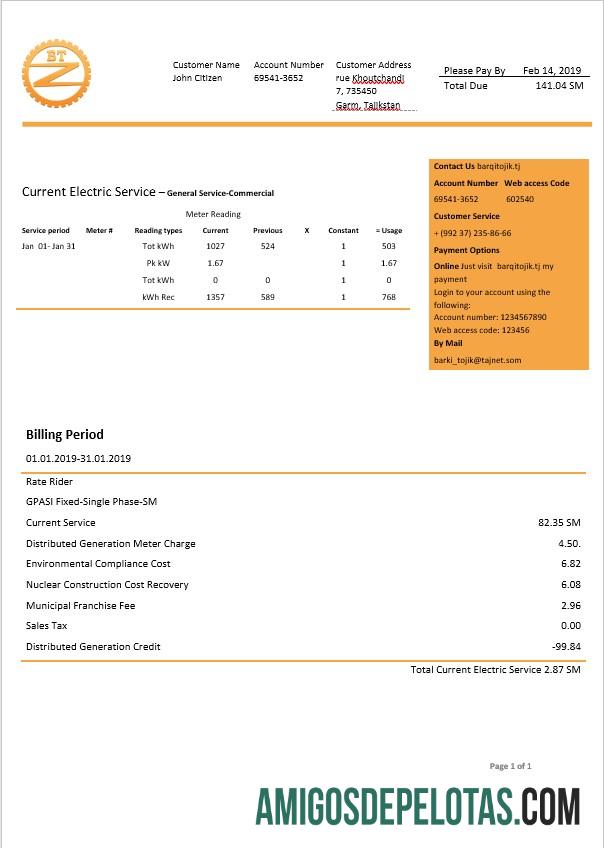 Conta de eletricidade do Tadjique Barrami Tojik em formato Word exemplo real